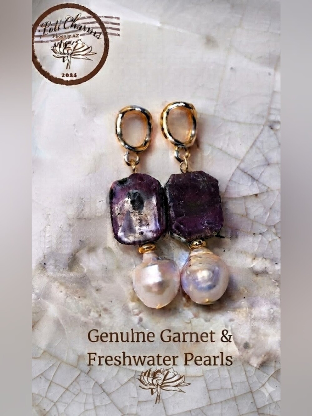 Natural Garnet & White Freshwater Baroque Pearl Artisan Earrings